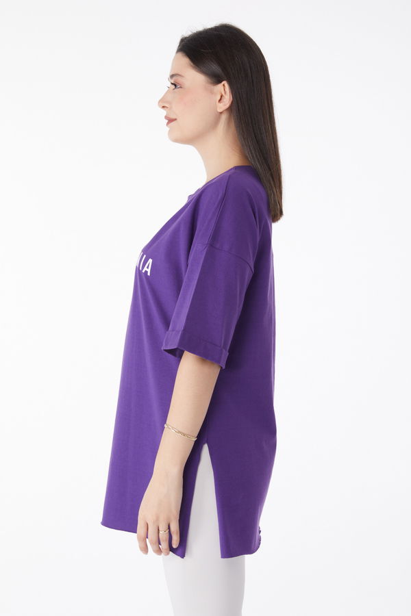 Kısa Kollu Baskılı T-shirt Mor - 25137