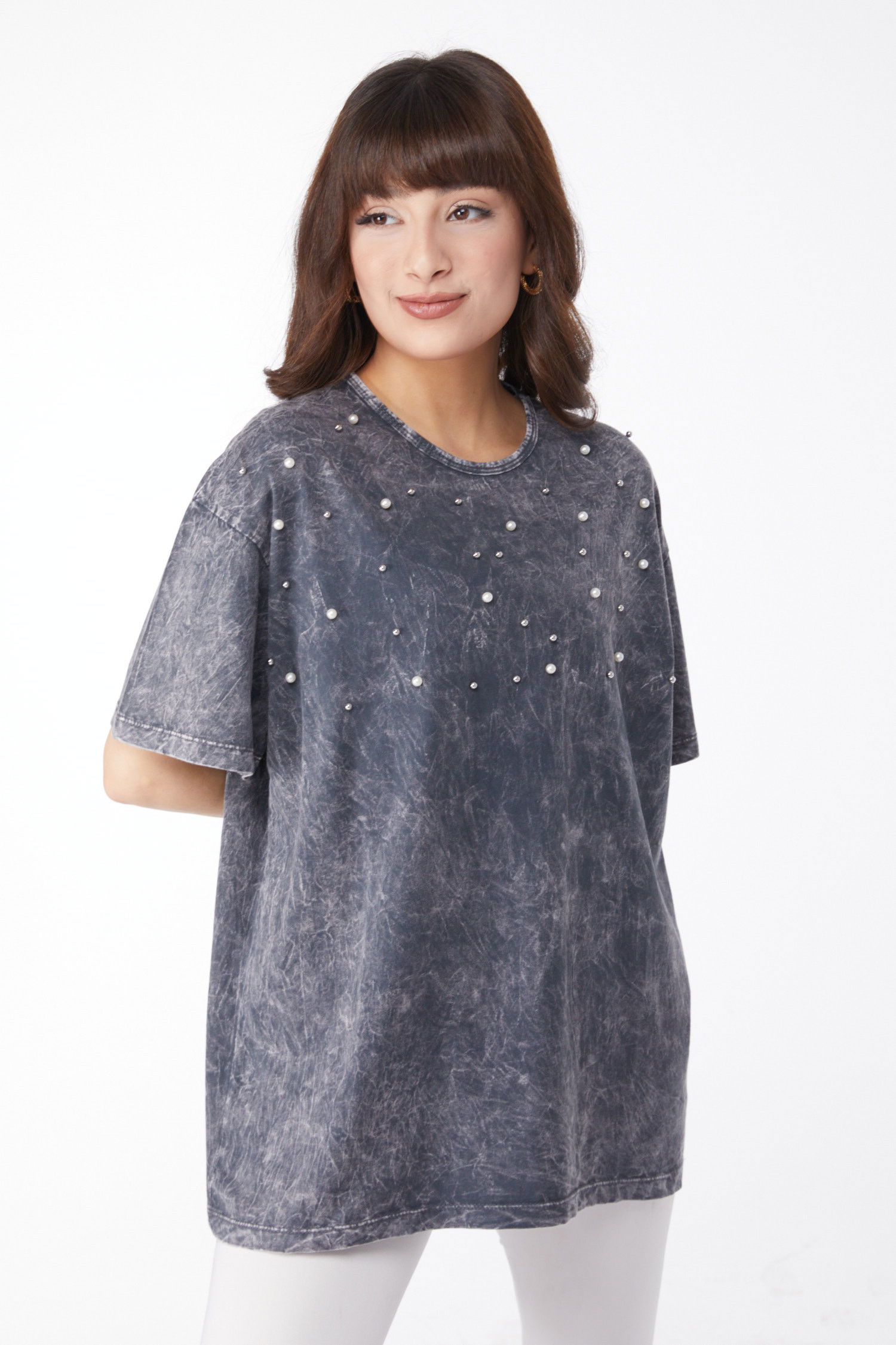 İnci Detaylı T-shirt Gri - 25166 GRİ