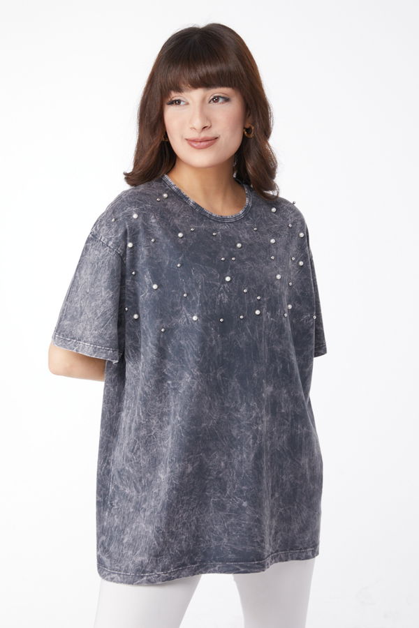 İnci Detaylı T-shirt Gri - 25166 GRİ