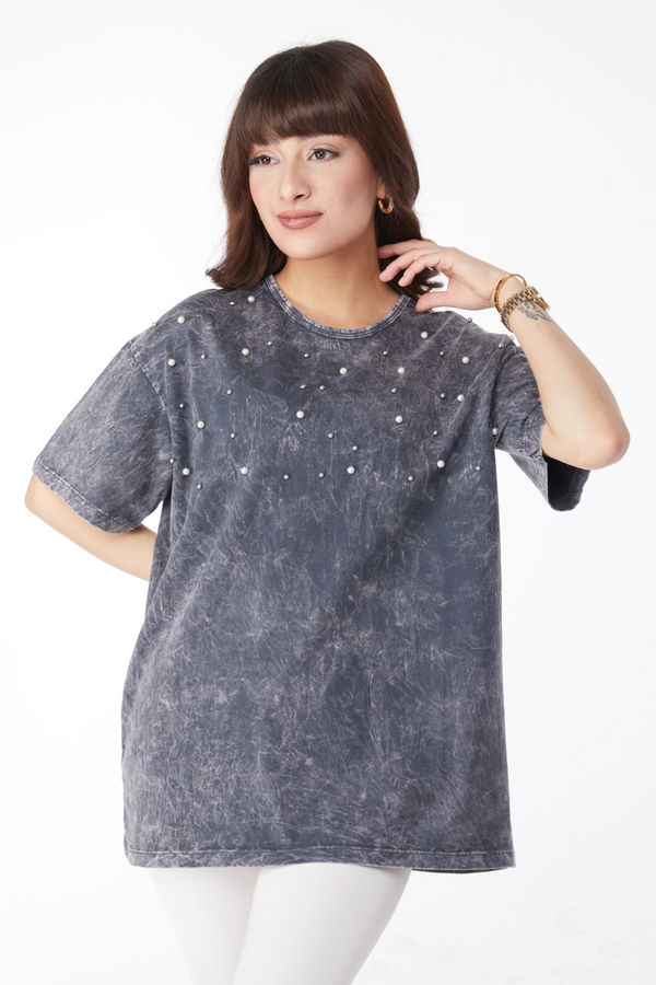 İnci Detaylı T-shirt Gri - 25166 GRİ