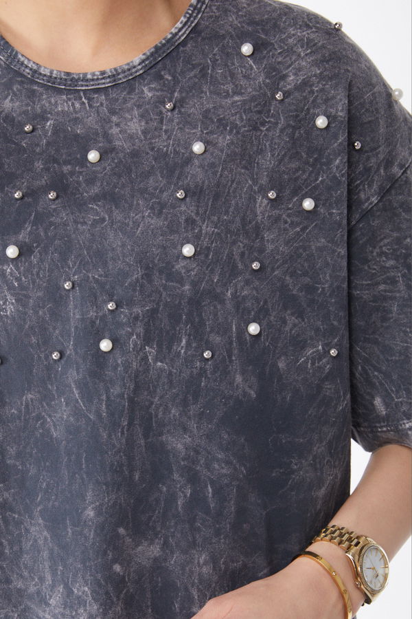 İnci Detaylı T-shirt Gri - 25166 GRİ