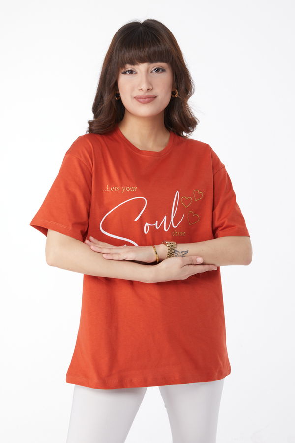 Baskılı T-shirt Kiremit - 25167 KİREMİT