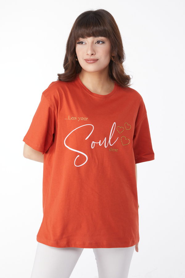 Baskılı T-shirt Kiremit - 25167 KİREMİT