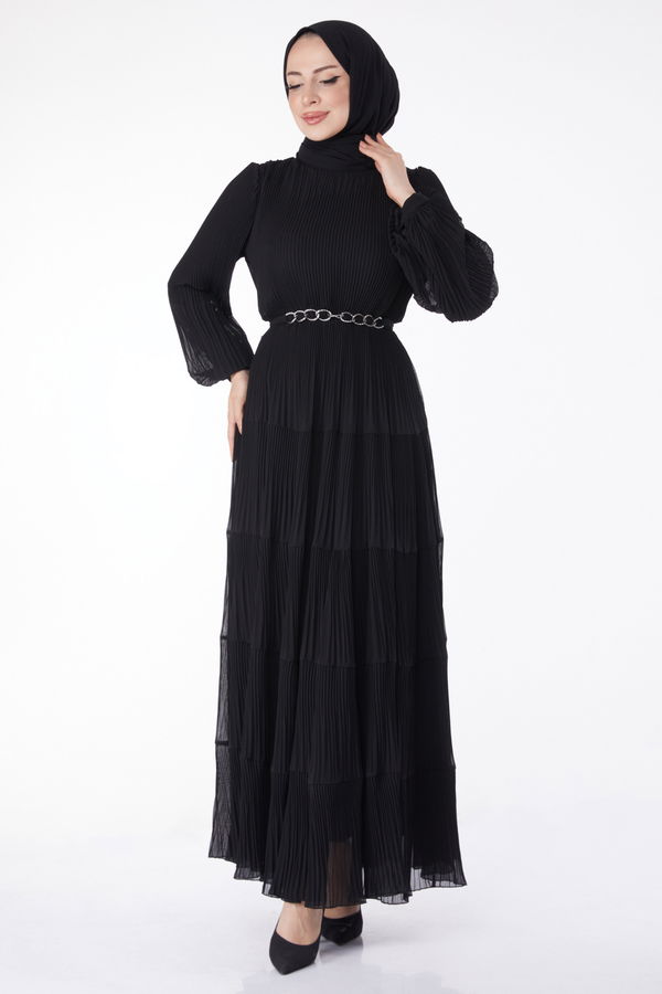 Piliseli Abiye Elbise Siyah - 25205 SİYAH