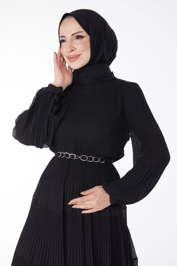 Piliseli Abiye Elbise Siyah - 25205 SİYAH