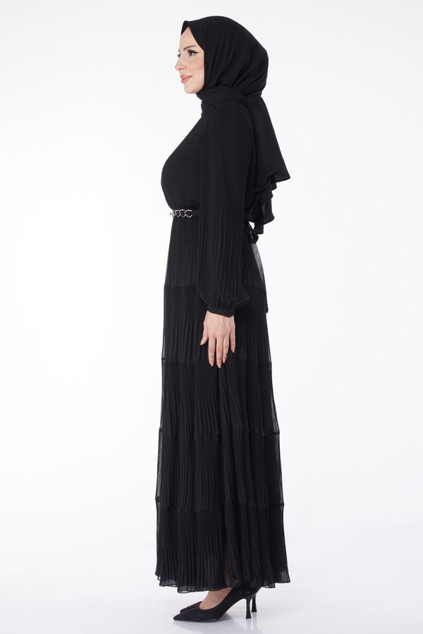 Piliseli Abiye Elbise Siyah - 25205 SİYAH