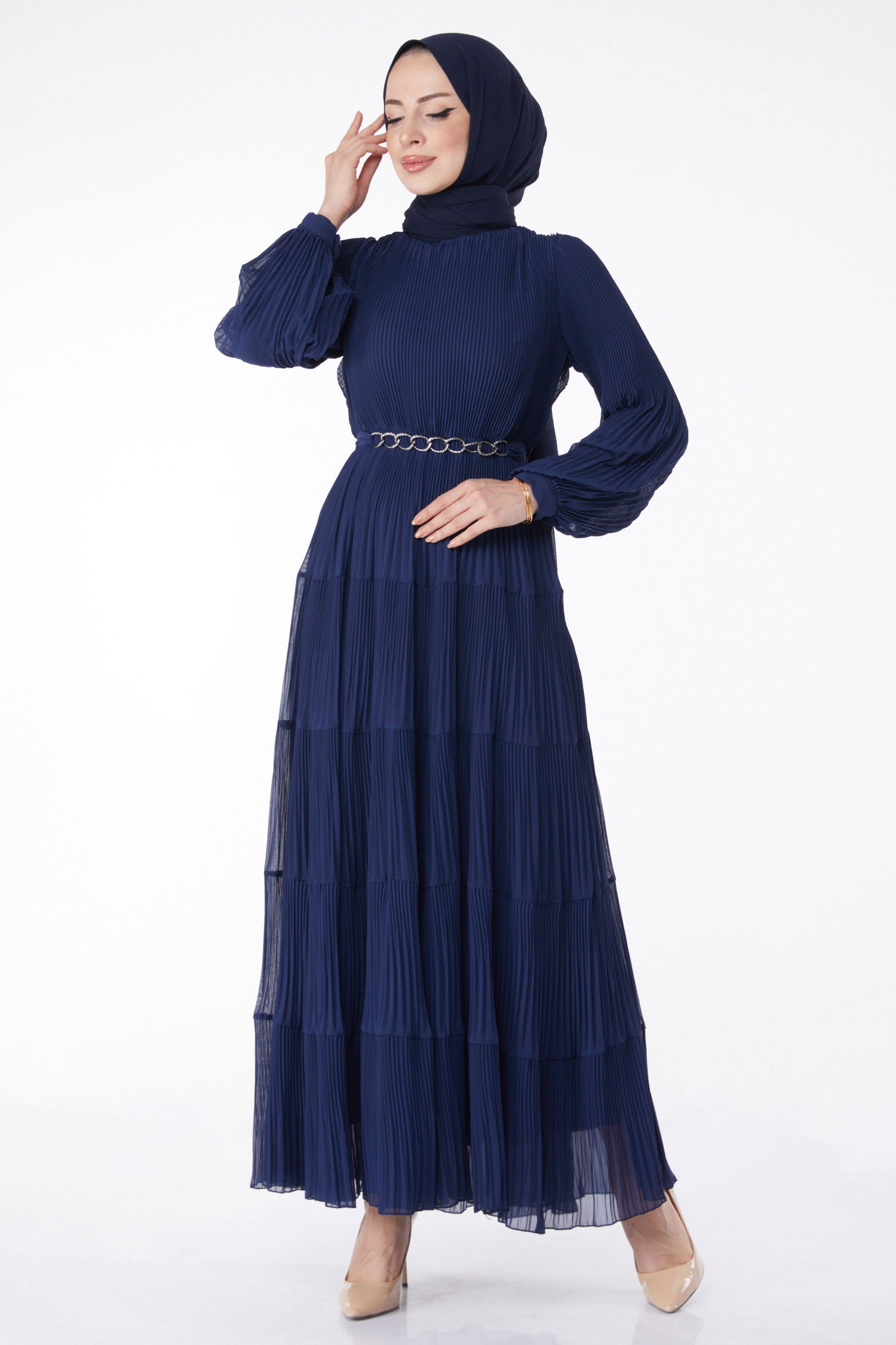 Piliseli Abiye Elbise Lacivert - 25205 LACİVERT