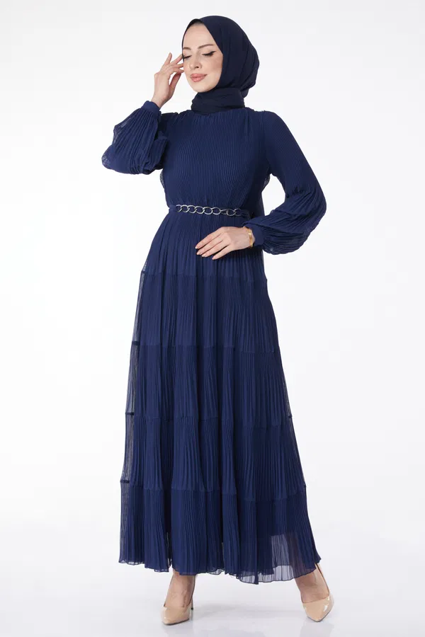 Piliseli Abiye Elbise Lacivert - 25205 LACİVERT