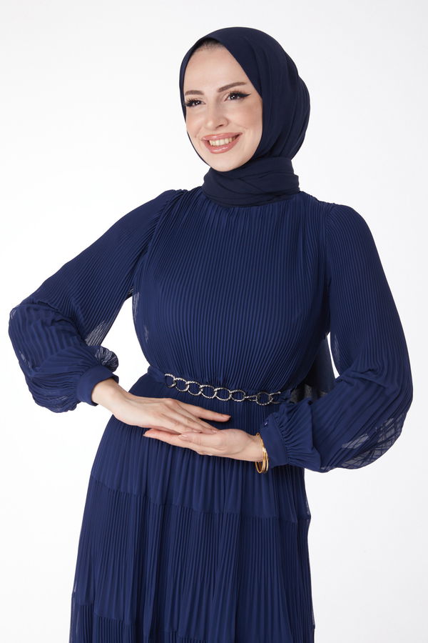 Piliseli Abiye Elbise Lacivert - 25205 LACİVERT