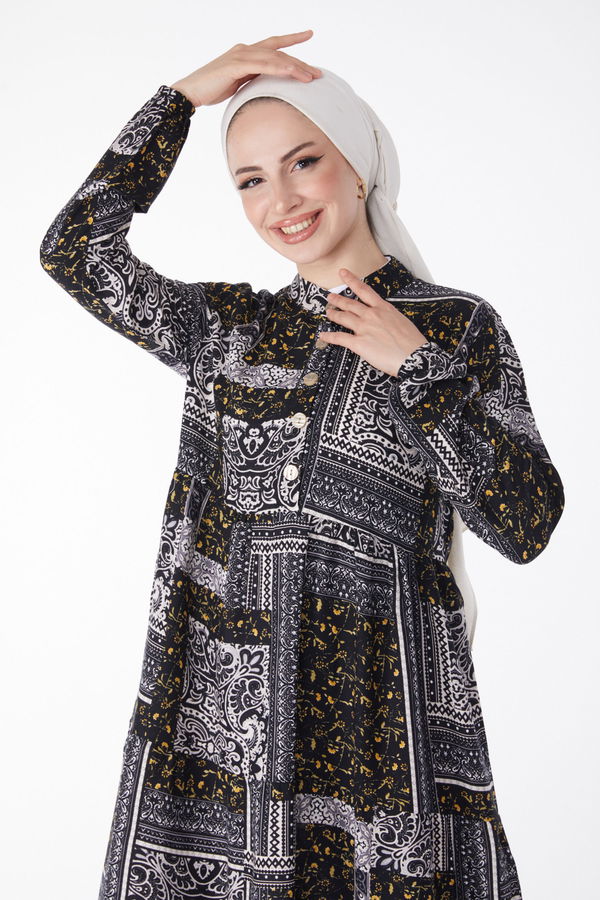 Peşbörk Desenli Elbise Siyah - 25245 SİYAH