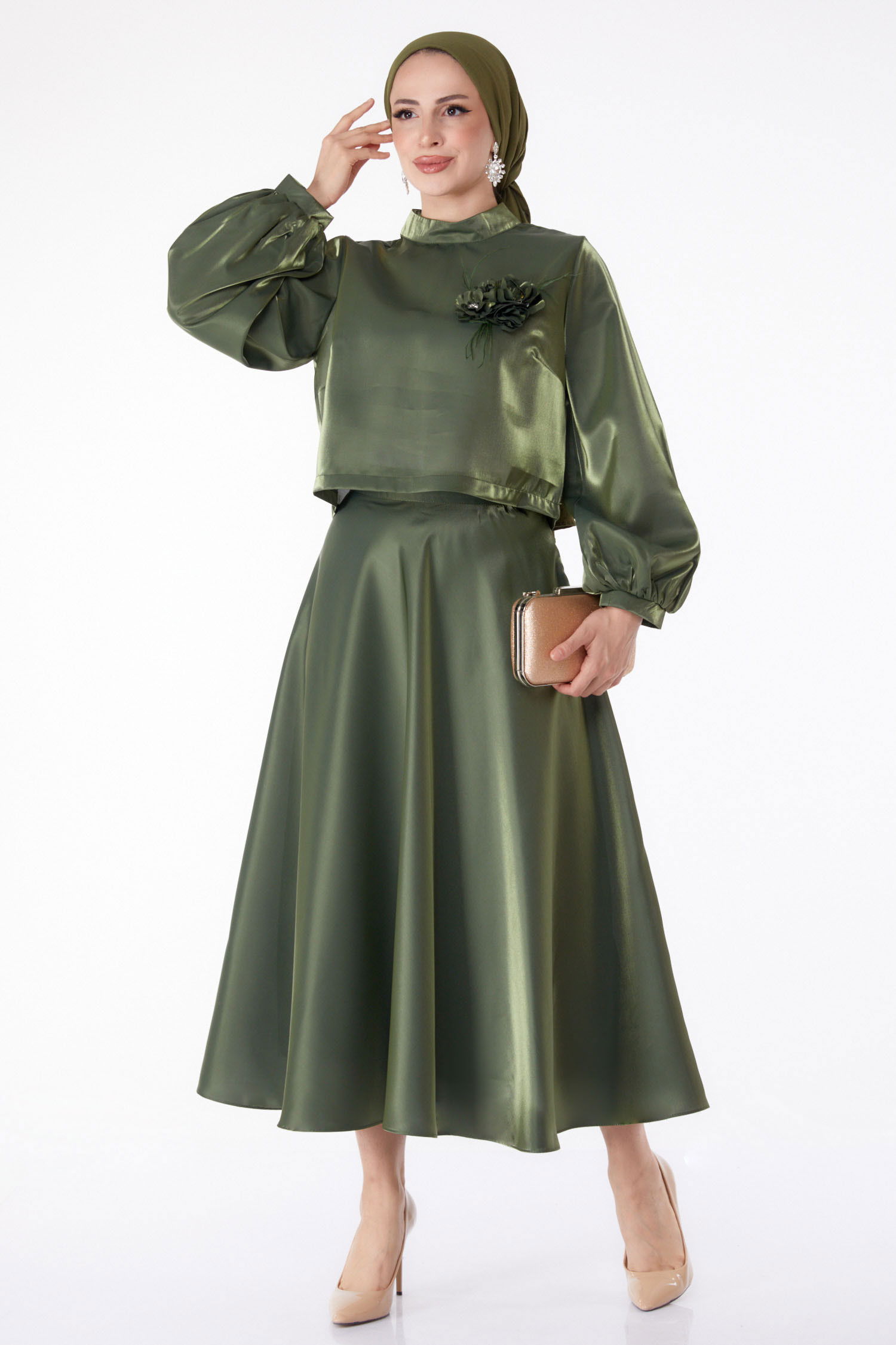 Saten Abiye Elbise Haki - 25278 HAKİ