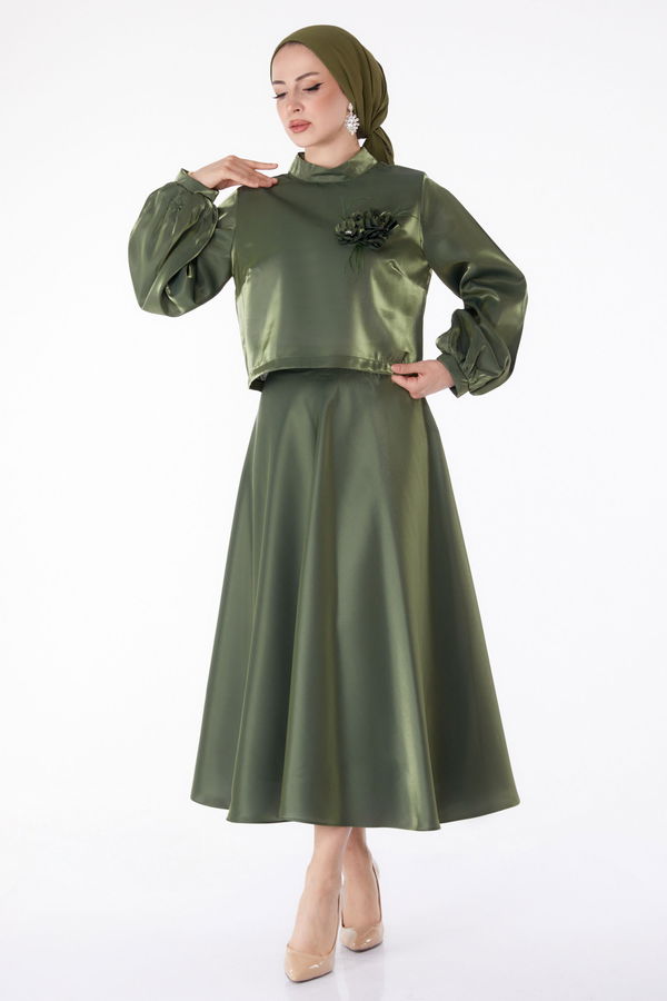 Saten Abiye Elbise Haki - 25278 HAKİ