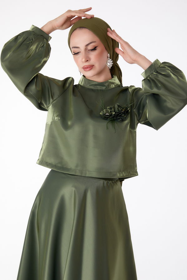 Saten Abiye Elbise Haki - 25278 HAKİ