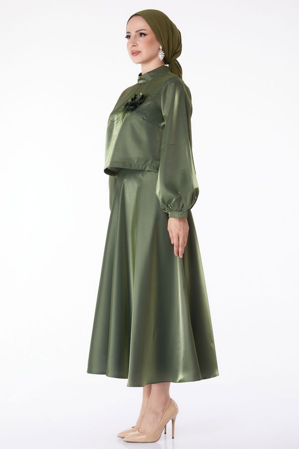 Saten Abiye Elbise Haki - 25278 HAKİ