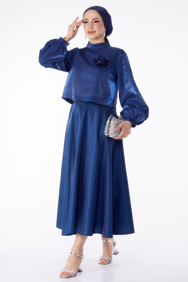 Saten Abiye Elbise Lacivert - 25278