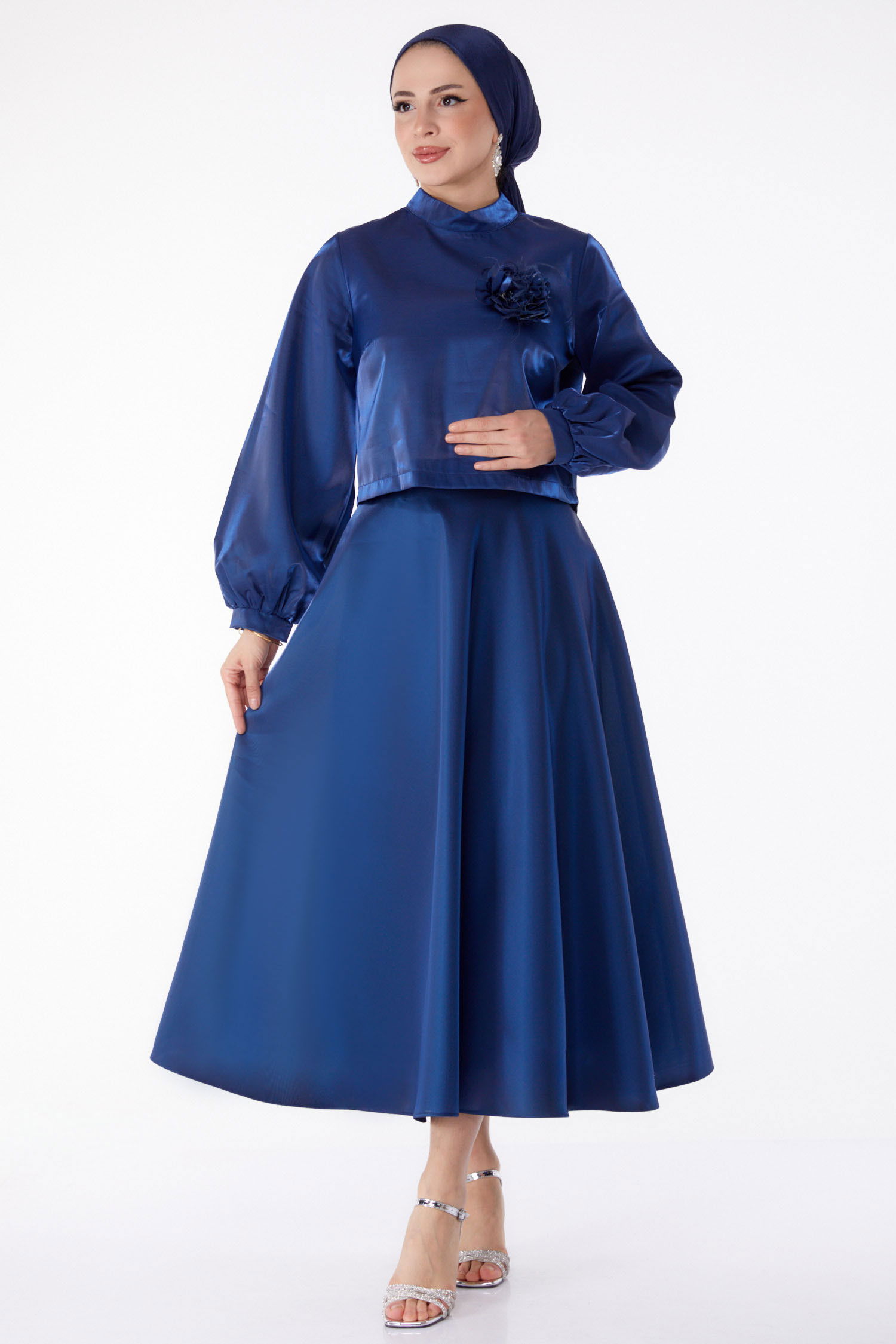 Saten Abiye Elbise Lacivert - 25278