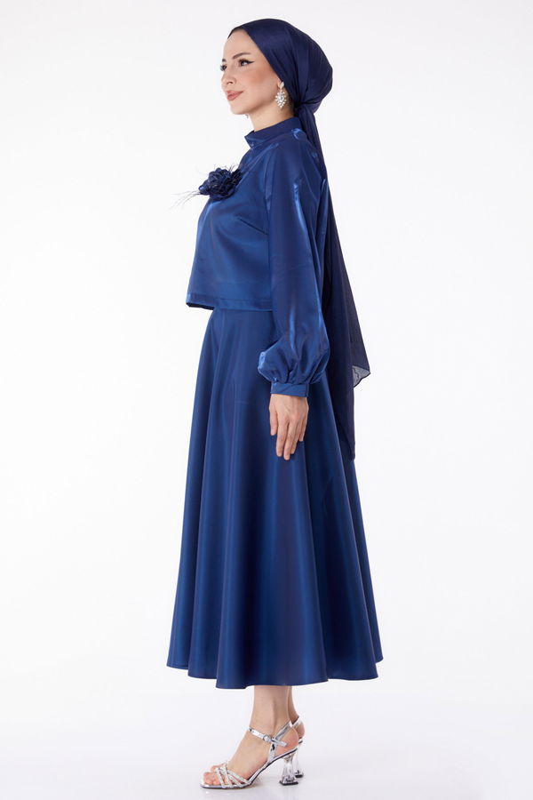 Saten Abiye Elbise Lacivert - 25278