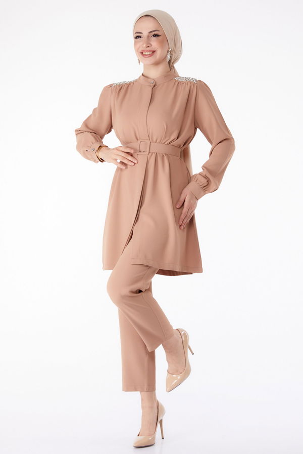 Taşlı Tunik+Pantalon Vizon - 25282 VİZON