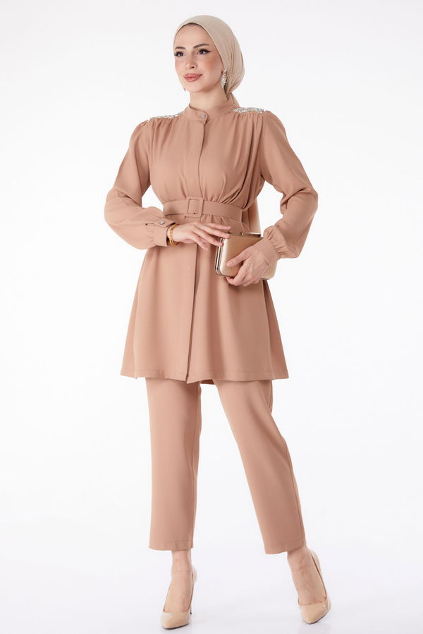 Taşlı Tunik+Pantalon Vizon - 25282 VİZON