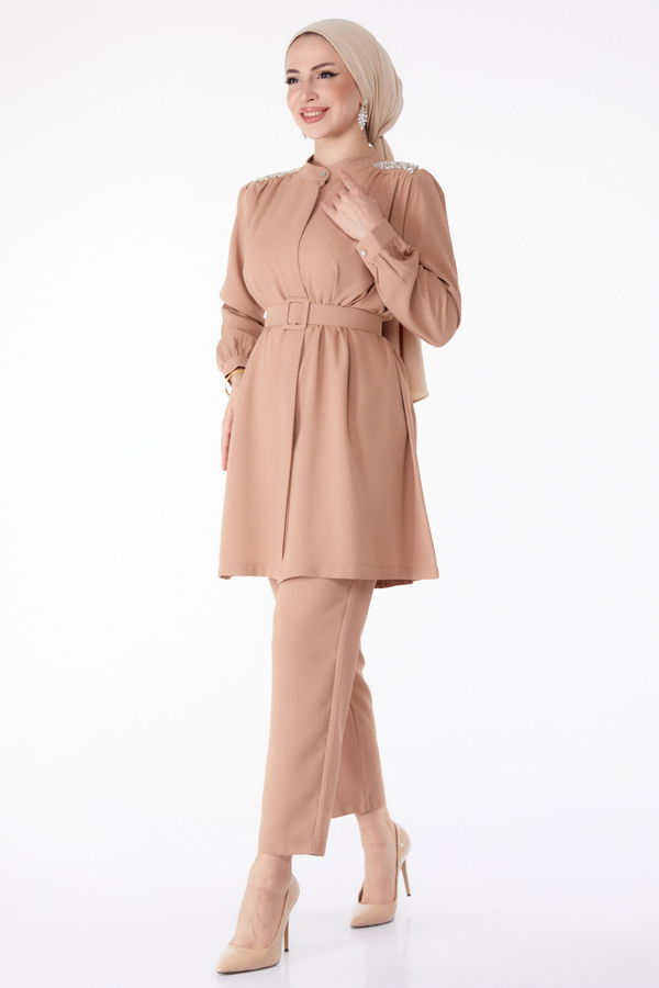 Taşlı Tunik+Pantalon Vizon - 25282 VİZON