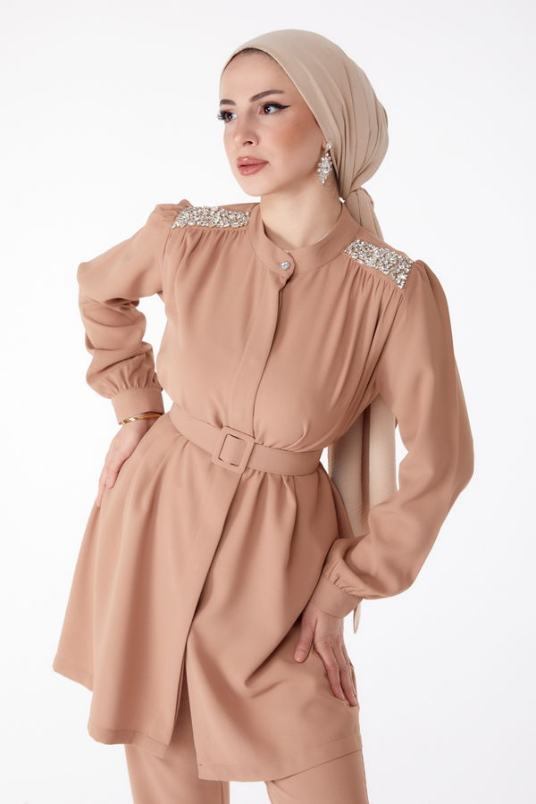 Taşlı Tunik+Pantalon Vizon - 25282 VİZON