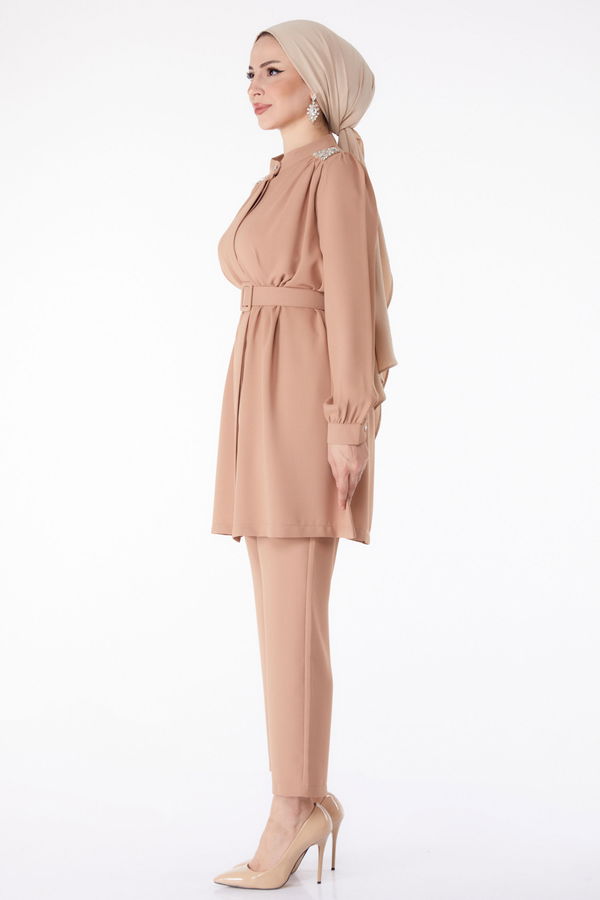 Taşlı Tunik+Pantalon Vizon - 25282 VİZON