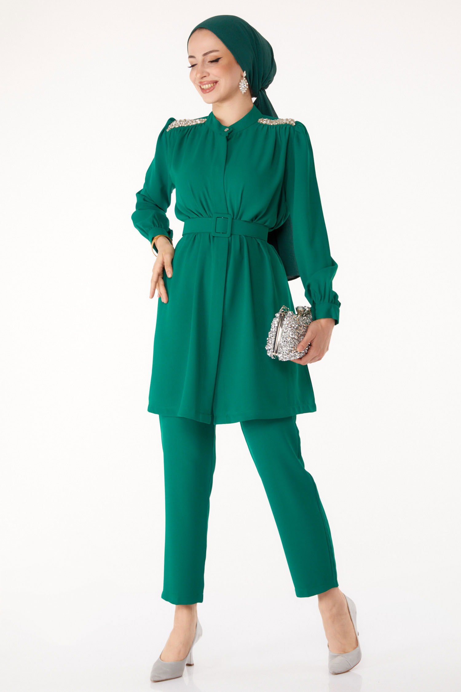 Taşlı Tunik+Pantalon Yeşil - 25282