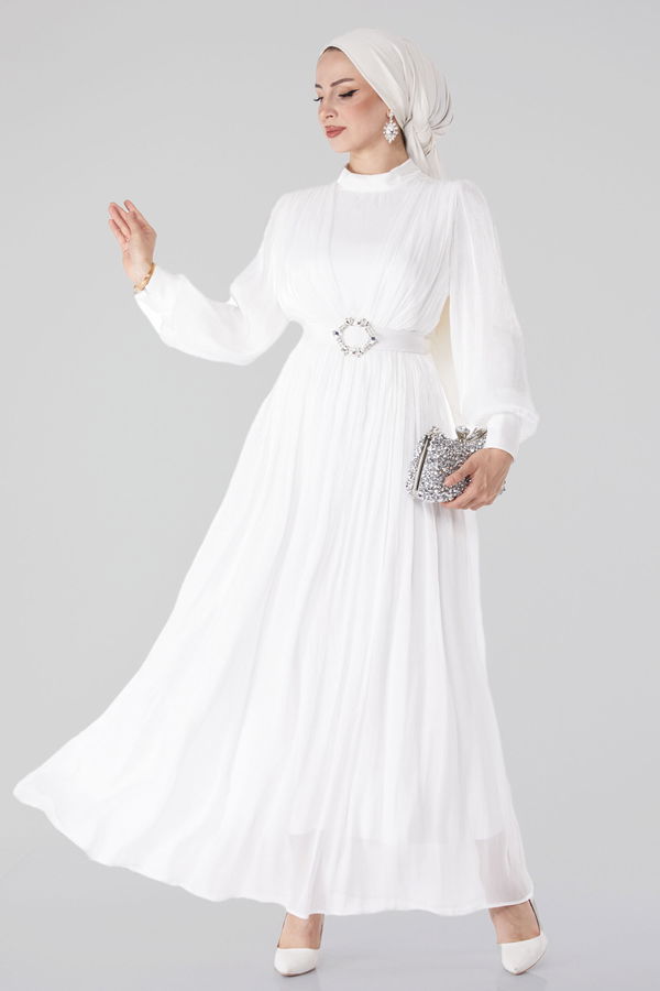 Pileli Abiye Elbise Beyaz - 25284