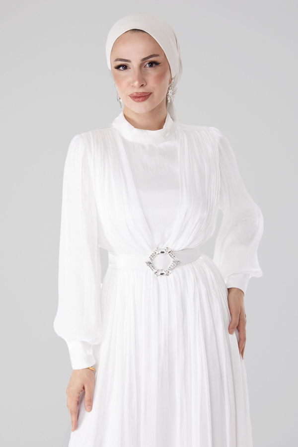 Pileli Abiye Elbise Beyaz - 25284