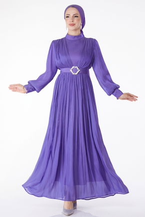 Pileli Abiye Elbise Lila - 25284