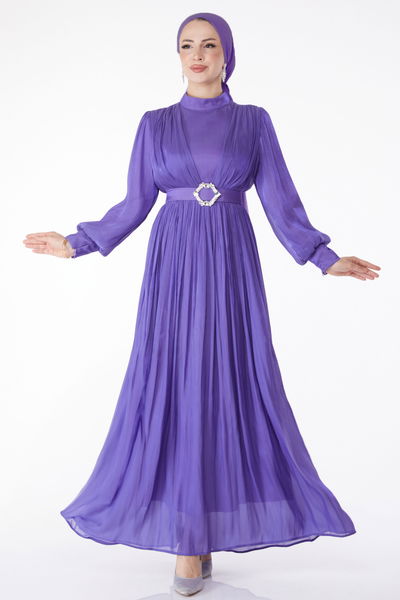 Pileli Abiye Elbise Lila - 25284