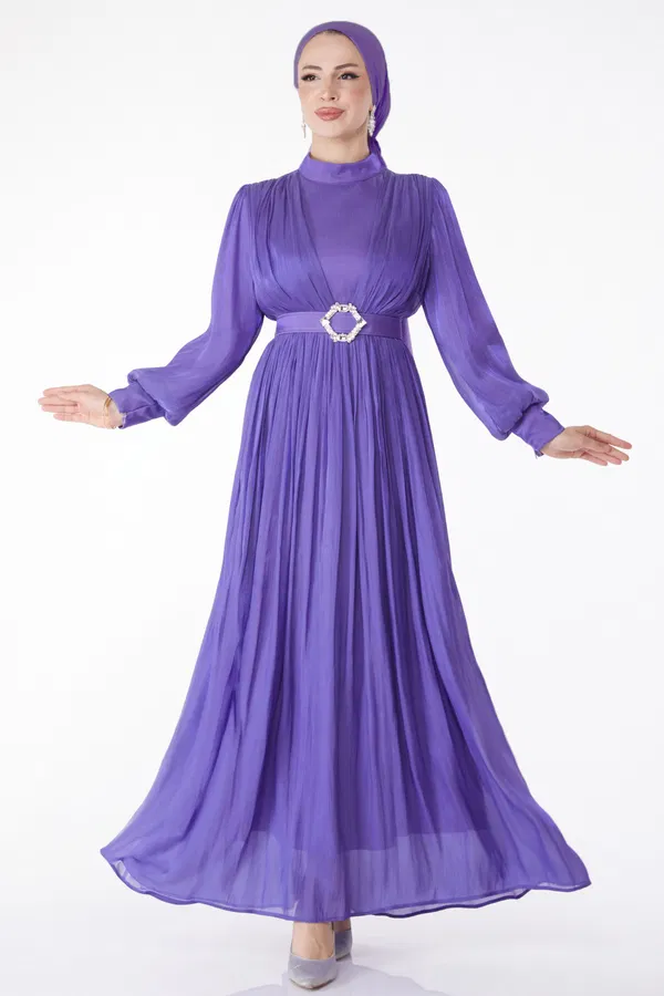 Pileli Abiye Elbise Lila - 25284 LİLA