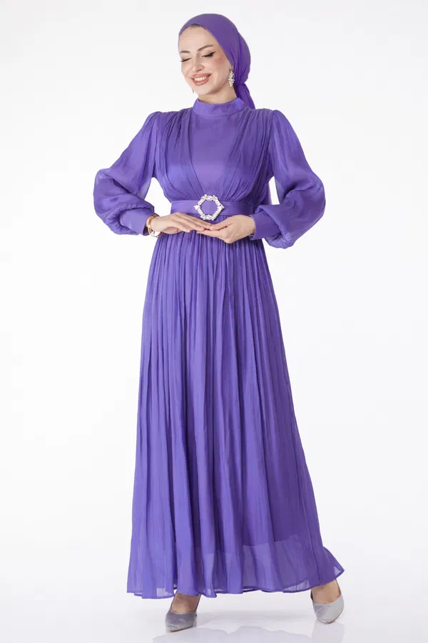 Pileli Abiye Elbise Lila - 25284 LİLA