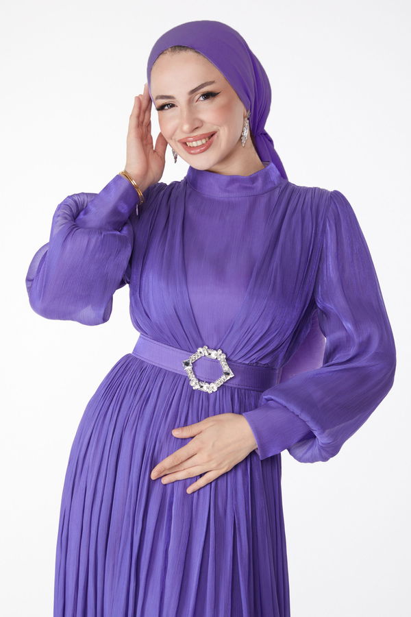 Pileli Abiye Elbise Lila - 25284 LİLA
