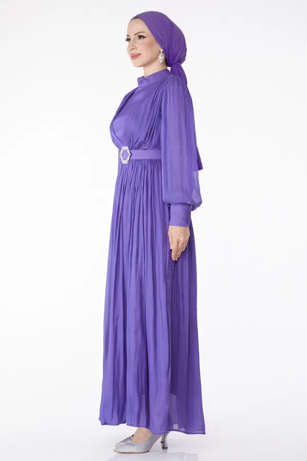 Pileli Abiye Elbise Lila - 25284 LİLA