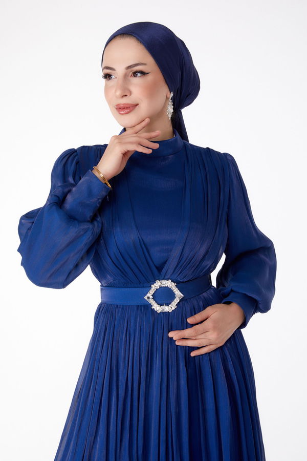 Pileli Abiye Elbise Lacivert - 25284
