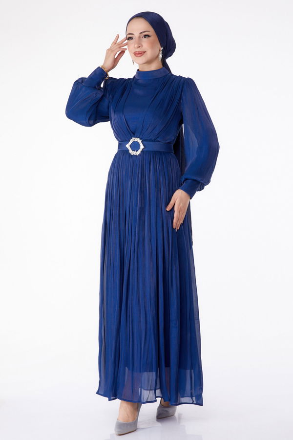 Pileli Abiye Elbise Lacivert - 25284