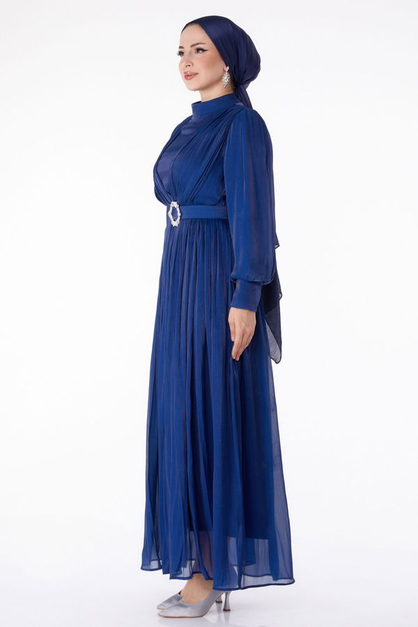 Pileli Abiye Elbise Lacivert - 25284