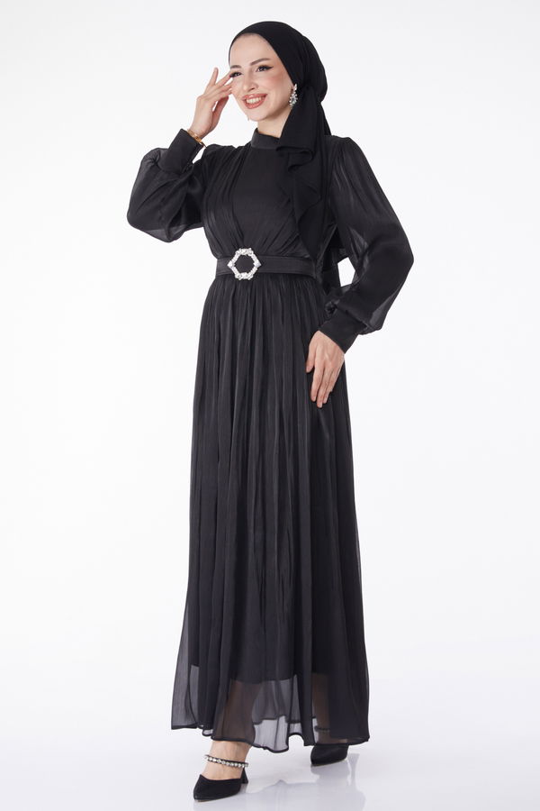 Pileli Abiye Elbise Siyah - 25284