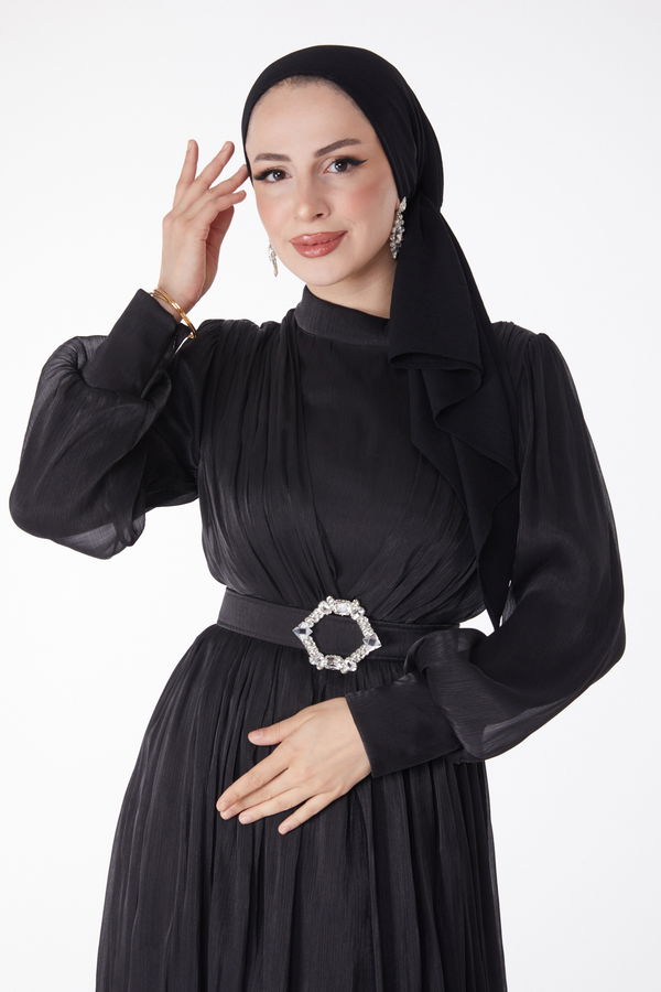 Pileli Abiye Elbise Siyah - 25284