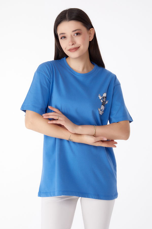 Baskılı T-shirt Mavi - 25287 MAVİ