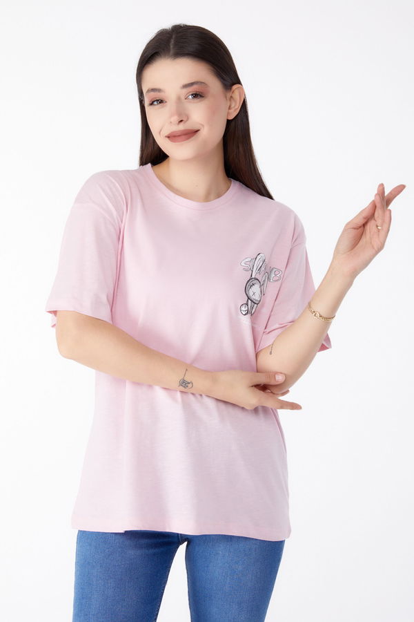 Baskılı T-shirt Pembe - 25288 PEMBE