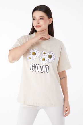 Baskılı T-shirt Bej - 25289