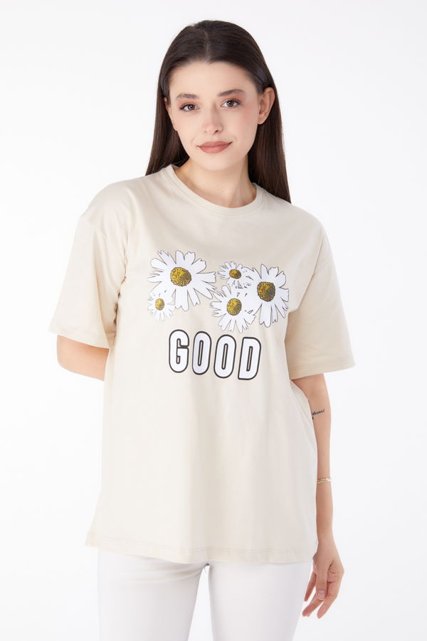 Baskılı T-shirt Bej - 25289 BEJ