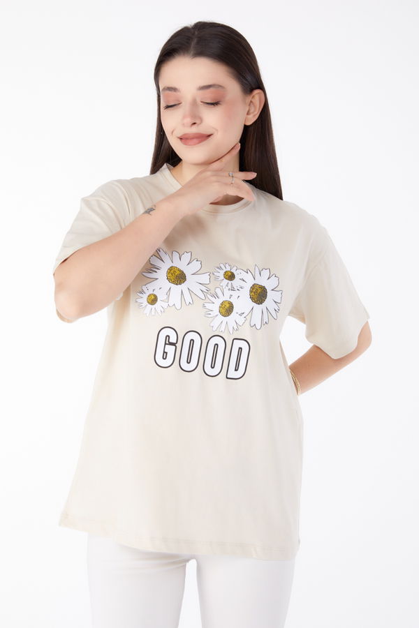Baskılı T-shirt Bej - 25289 BEJ