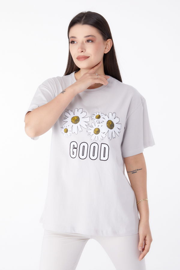Baskılı T-shirt Bej - 25289 BEJ