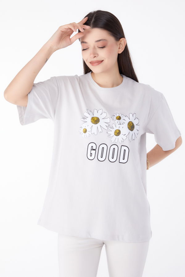 Baskılı T-shirt Bej - 25289 BEJ