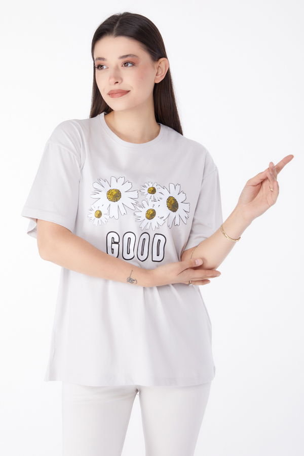 Baskılı T-shirt Bej - 25289 BEJ