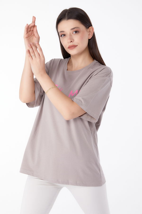 Baskılı T-shirt Vizon - 25299