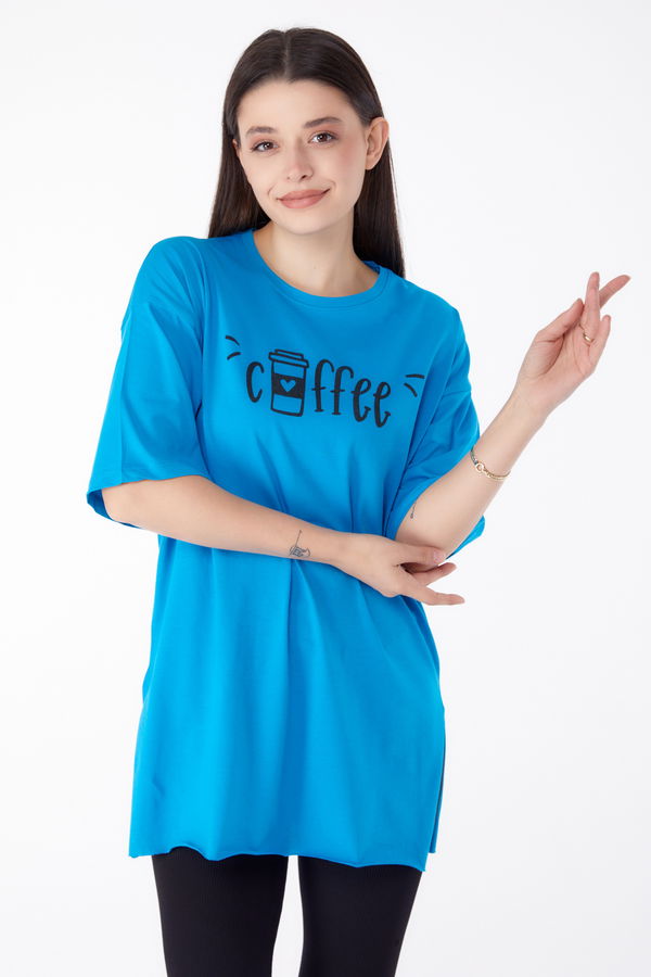 Baskılı T-shirt Mavi - 25302 MAVİ